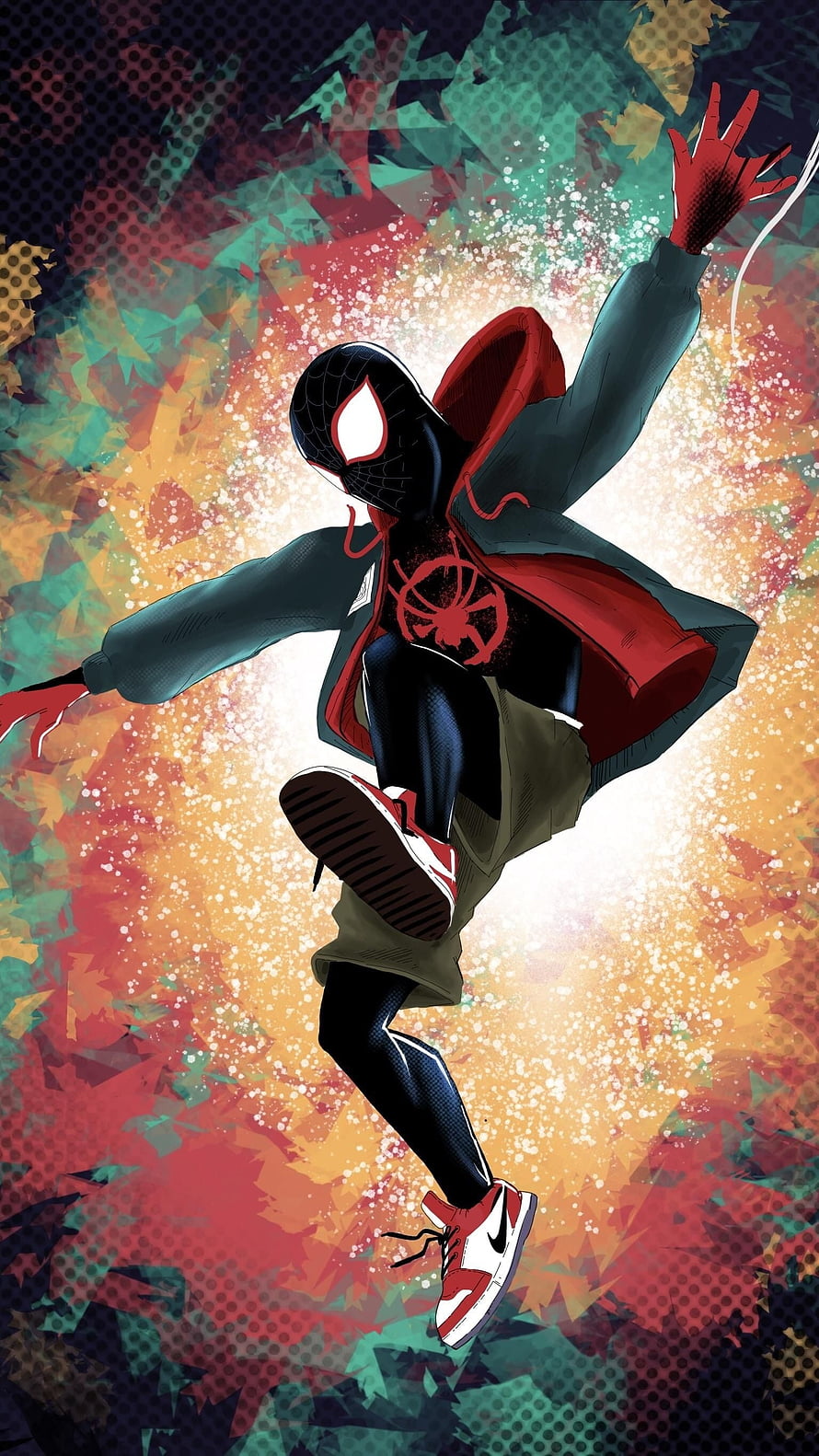 Miles Morales in Black Suit and Red Hoodie Leaping Through Vibrant Abstract Background HD phone wallpaper