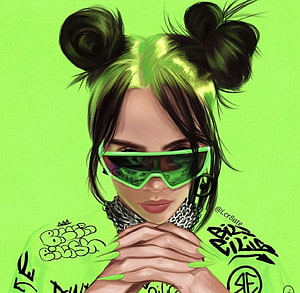 Billie Eilish Digital Portrait with Neon Green Hair Buns and Futuristic Visor HD wallpaper