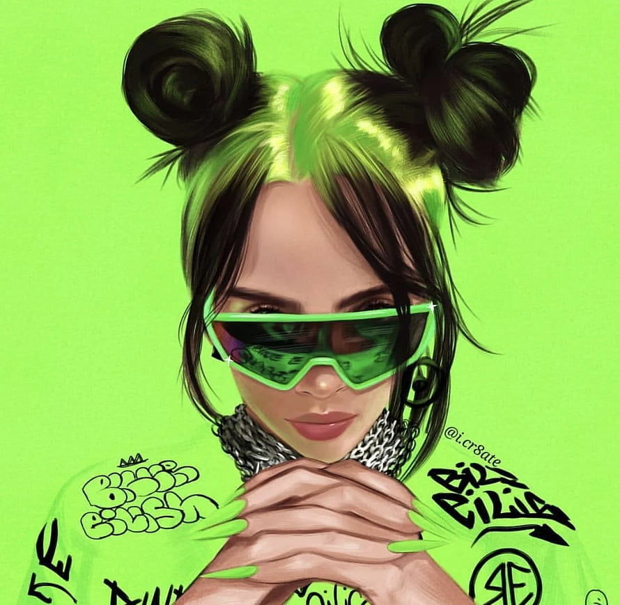 Billie Eilish Digital Portrait with Neon Green Hair Buns and Futuristic Visor HD wallpaper