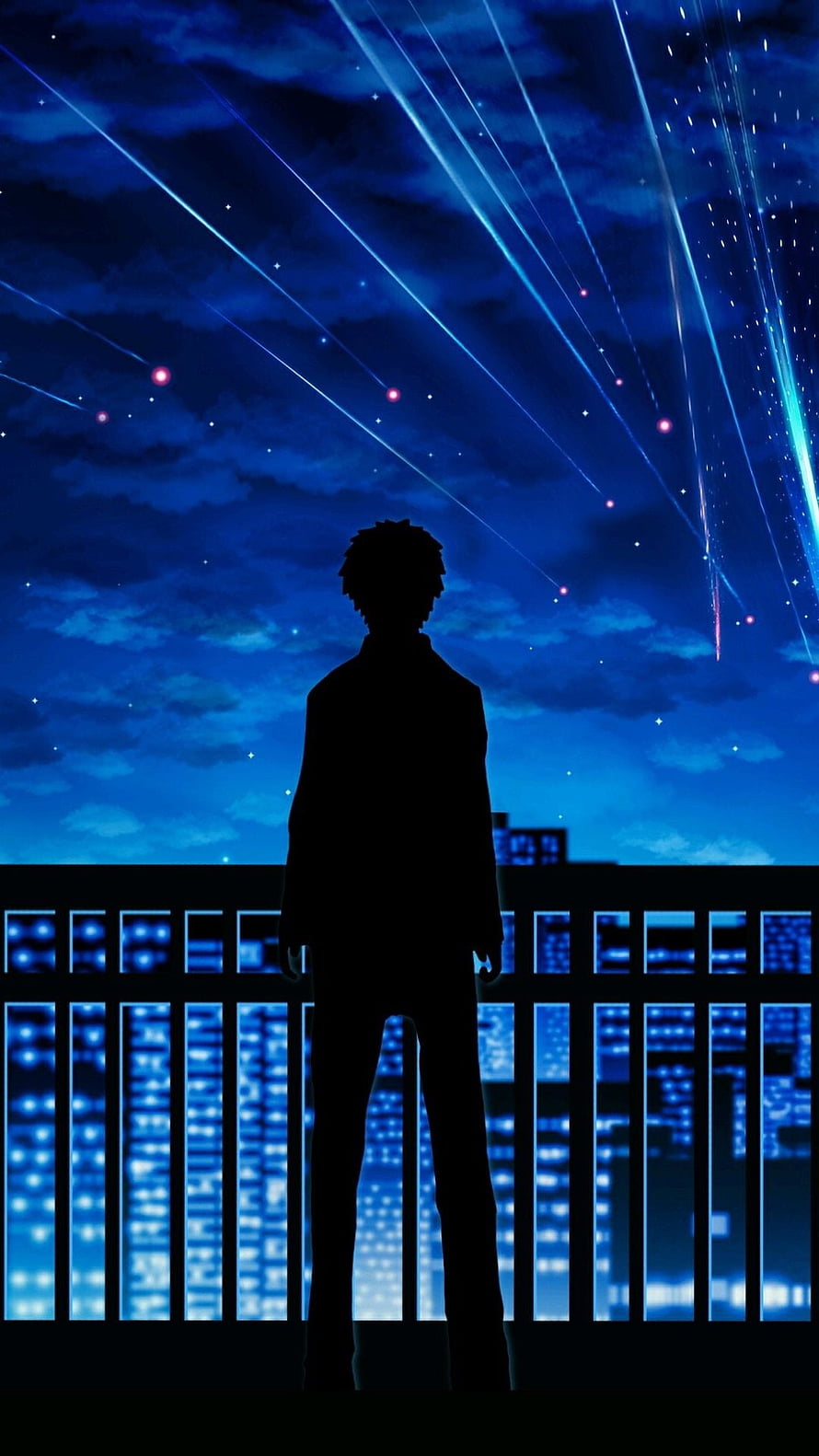 Your Name Anime Silhouette Watching Meteor Shower Over City Skyline at Night HD phone wallpaper