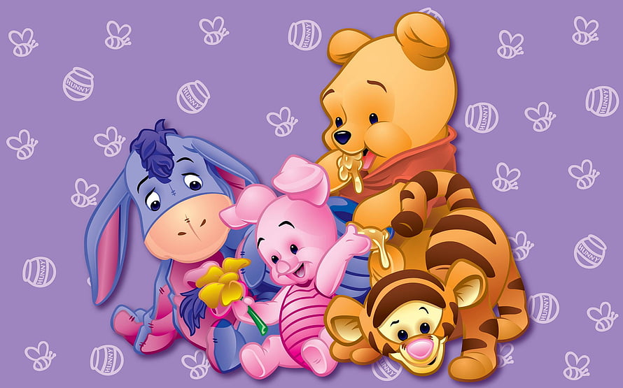 Winnie the Pooh, Piglet, Eeyore, and Tigger Cuddling on a Purple Background with Honey Pot Patterns HD wallpaper