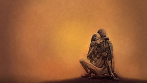 Zdzisław Beksiński Dark Fantasy Skeleton Embrace on Warm Amber Background HD wallpaper