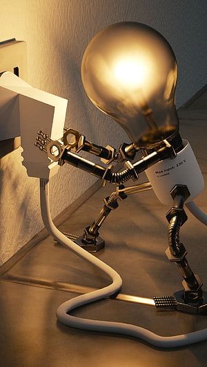 3D Render of a Mechanical Light Bulb Robot Plugging into a Wall Outlet HD phone wallpaper