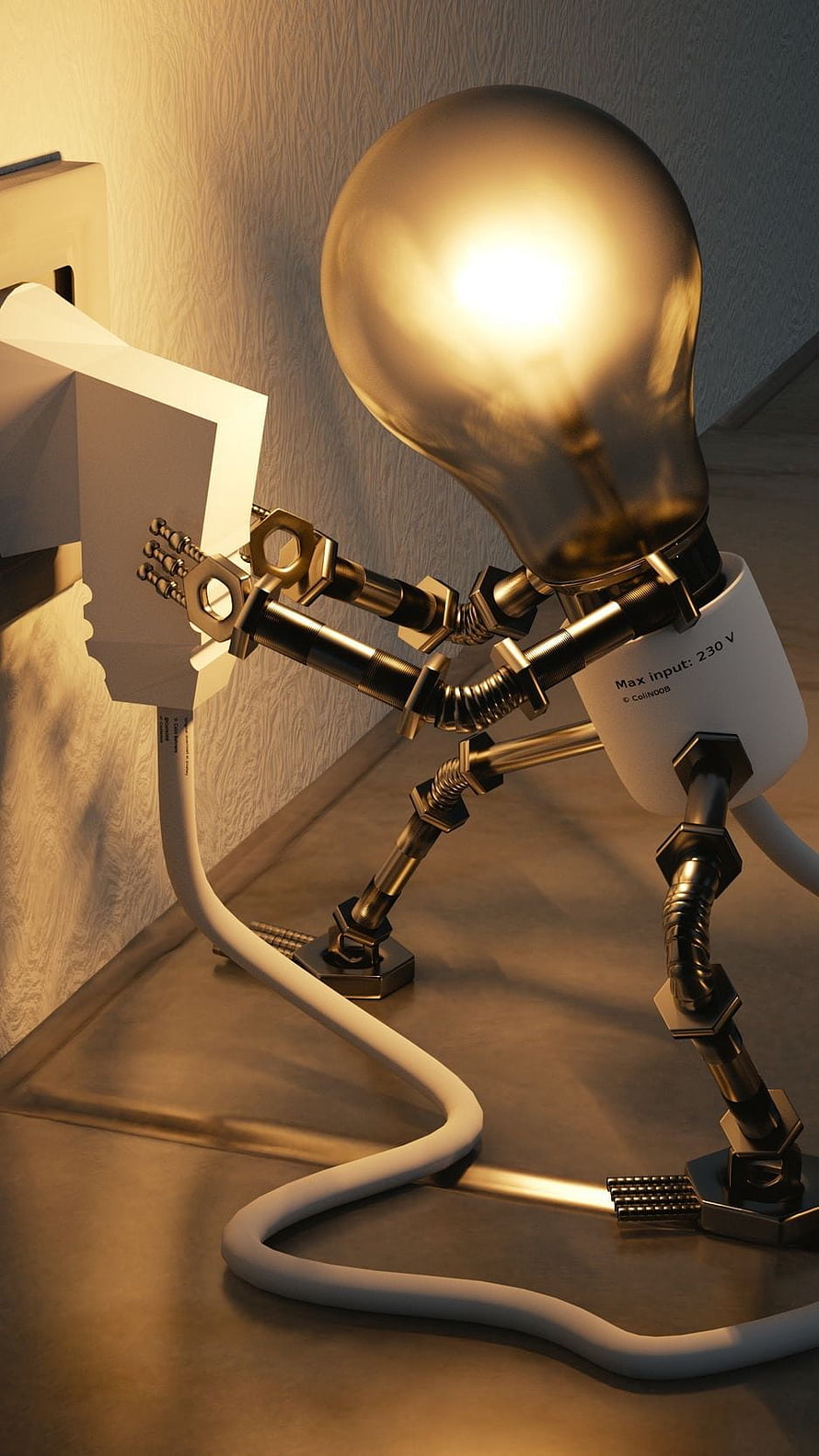 3D Render of a Mechanical Light Bulb Robot Plugging into a Wall Outlet HD phone wallpaper