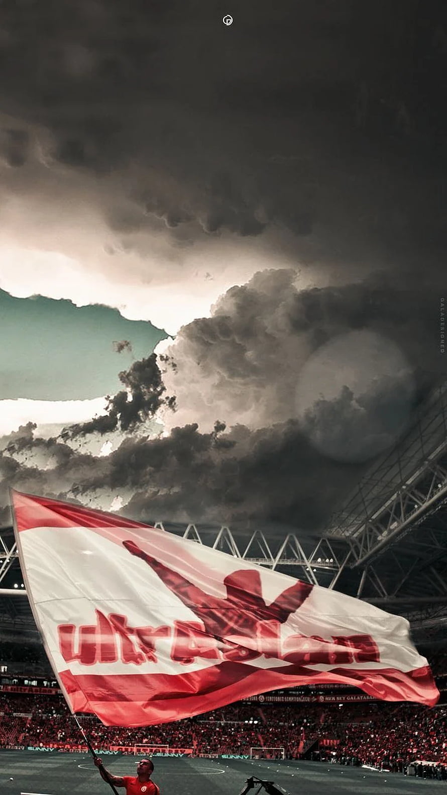 Galatasaray Ultraslan Flag Waving in Stadium Under Dramatic Stormy Sky HD phone wallpaper