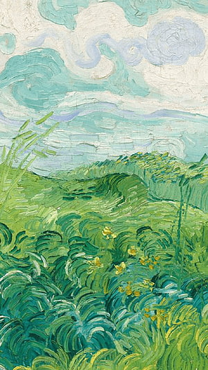 Van Gogh Impressionist Landscape with Swirling Clouds and Vibrant Green Fields HD phone wallpaper