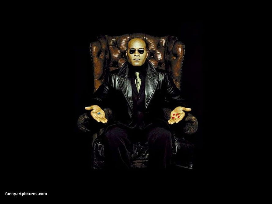 Morpheus Seated on a Leather Throne Holding the Red and Blue Pills from The Matrix HD wallpaper