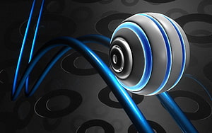 Abstract 3D Render of a Metallic Sphere with Glowing Blue Neon Rings and Curved Tubes HD wallpaper