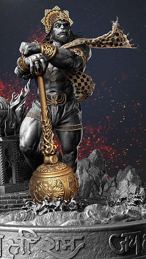 Hanuman Body Builder Statue With Golden Mace And Crown, Hanuman Body Builder, Angry Hanuman HD phone wallpaper
