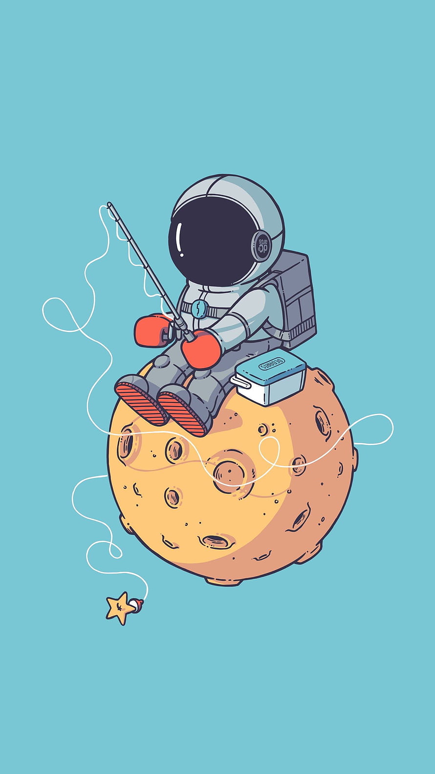 Cute Cartoon Astronaut Fishing on the Moon with a Star Lure HD phone wallpaper
