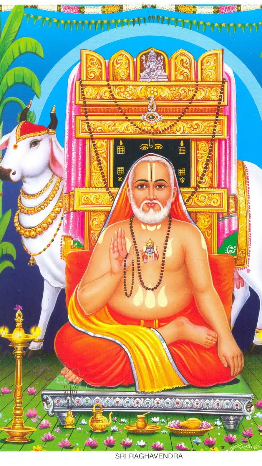 Sri Raghavendra Swamikal Devotional Portrait with White Bull and Golden Temple HD phone wallpaper