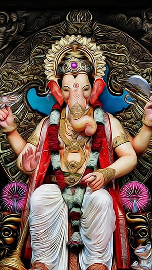 Ganesha Digital Art with Ornate Mandala Background and Lotus Flowers HD phone wallpaper