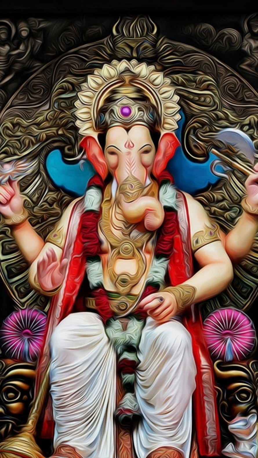 Ganesha Digital Art with Ornate Mandala Background and Lotus Flowers HD phone wallpaper