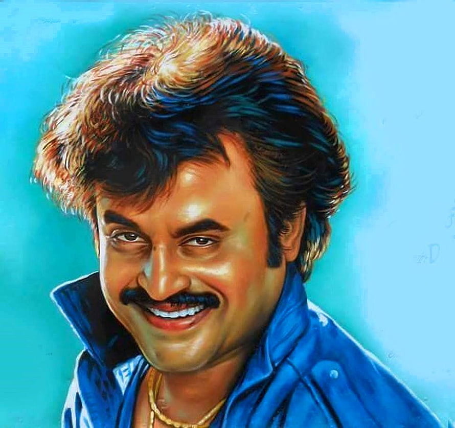 Rajinikanth Digital Portrait in Blue Jacket with Warm Smile HD wallpaper
