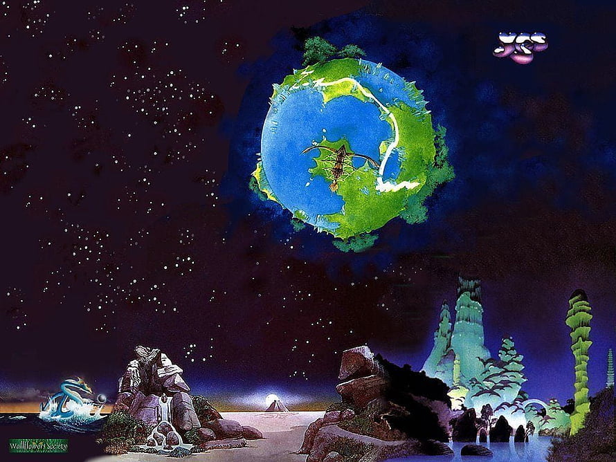 Roger Dean Fantasy Landscape with Floating Planet and Starry Night Sky HD wallpaper