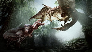 Rathalos and Rathian Confrontation in Monster Hunter World Jungle HD wallpaper
