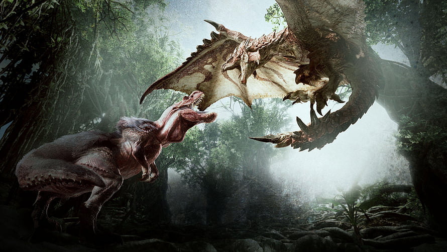 Rathalos and Rathian Confrontation in Monster Hunter World Jungle HD wallpaper