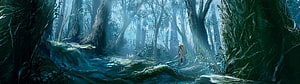 Misty Forest Path with Lone Traveler in Studio Ghibli Art Style HD wallpaper