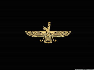 Golden Faravahar Symbol on Black Background, Zoroastrian Emblem and Persian Mythology Art HD wallpaper