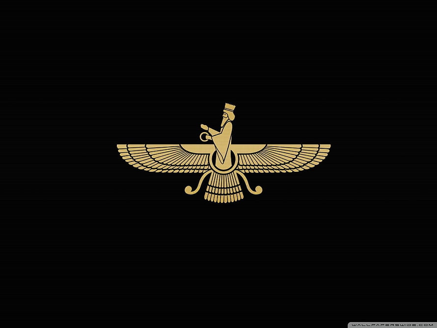 Golden Faravahar Symbol on Black Background, Zoroastrian Emblem and Persian Mythology Art HD wallpaper