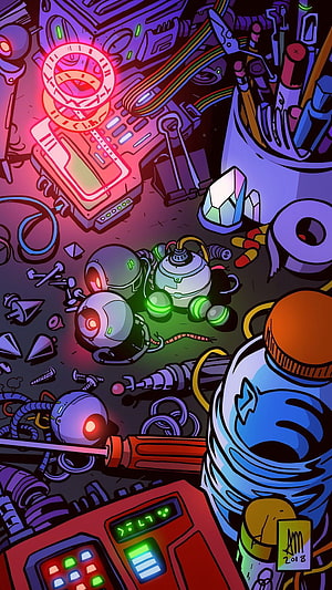 Neon Cyberpunk Robot Workshop Illustration with Glowing Gadgets and Sci-Fi Tools HD phone wallpaper