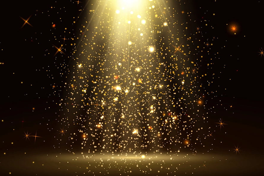 Golden Stage Light Rays with Glitter Dust and Sparkling Bokeh on Black Background HD wallpaper