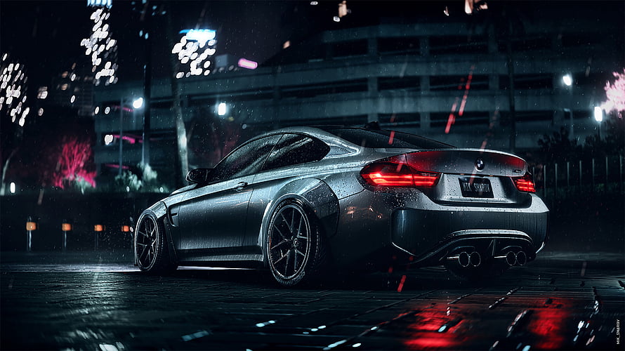 BMW M4 Coupe Rear View on Wet Night Street with Neon City Lights HD wallpaper