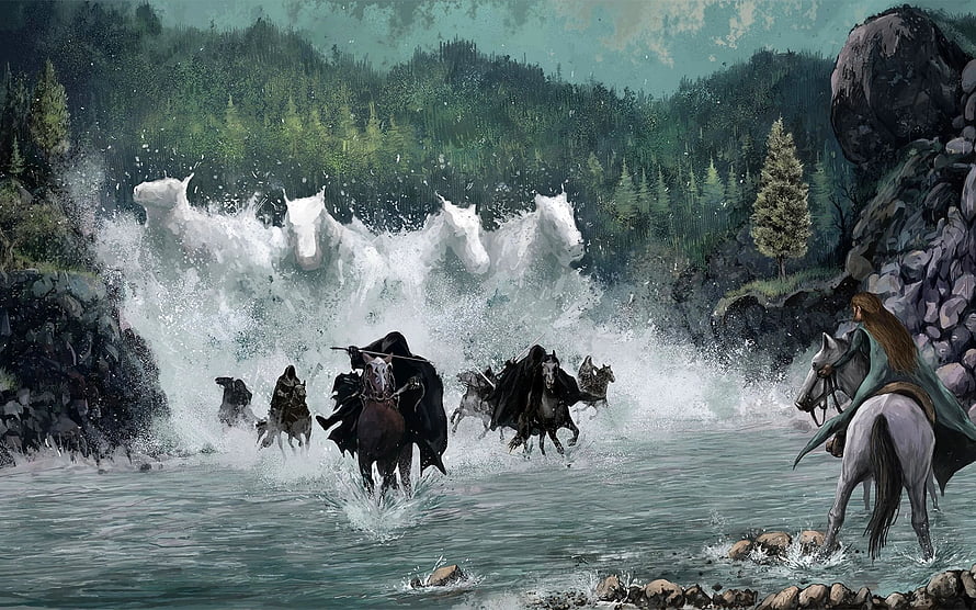 Arwen and the Nazgul Crossing the River in Lord of the Rings Fantasy Art HD wallpaper