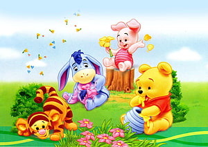 Winnie The Pooh, Tigger, Eeyore, and Piglet Playing in a Sunny Meadow HD wallpaper