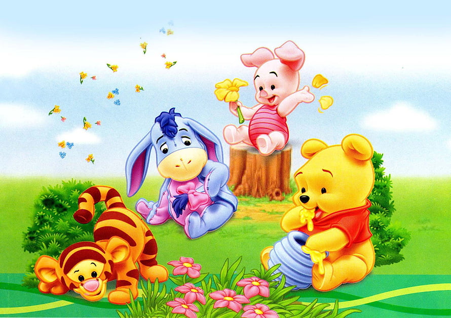 Winnie The Pooh, Tigger, Eeyore, and Piglet Playing in a Sunny Meadow HD wallpaper