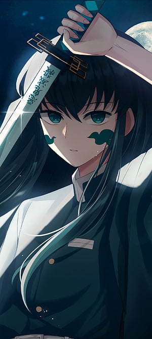 Muichiro Tokito from Demon Slayer Holding a Katana Under a Full Moon HD phone wallpaper