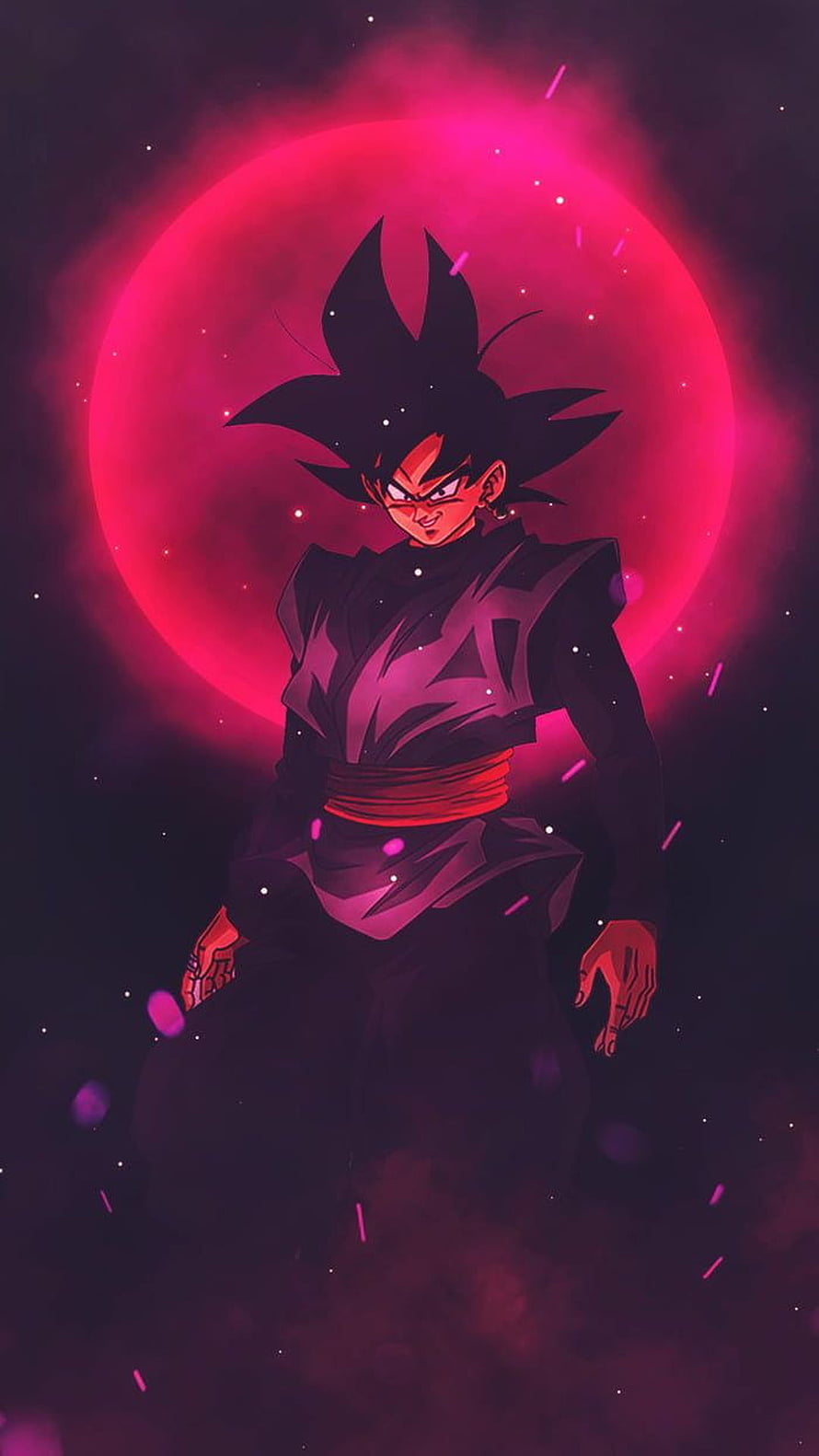 Goku Black Anime Character Standing Before a Glowing Red Moon in Dark Cosmic Setting HD phone wallpaper