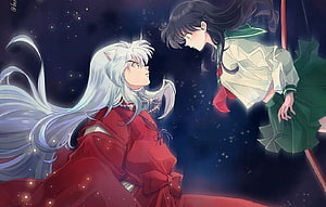 Inuyasha and Kagome Gazing at Each Other Under a Starry Night Sky HD wallpaper