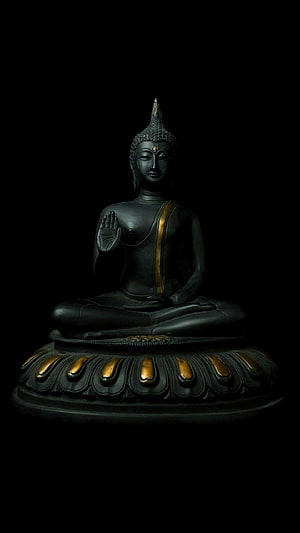 Gautam Buddha statue in meditative pose with gold accents on a dark background HD phone wallpaper