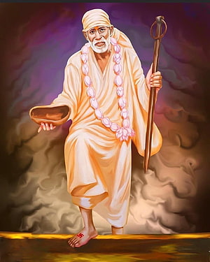 Shirdi Sai Baba Digital Painting with Staff and Lotus Garland HD phone wallpaper