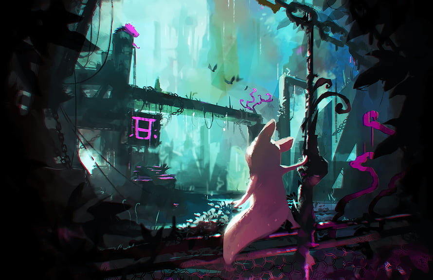 Rain World Concept Art Featuring a Pink Creature in a Ruined Industrial Setting HD wallpaper